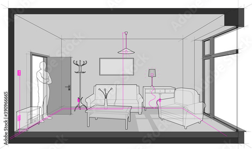 room furnished with sofa and chair and table and cabinets and ceiling lamp and cloths hanger and painting on the wall with door and tall french window and standing man in the opened door and electric 