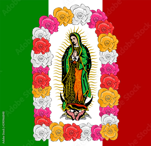 Virgin of Guadalupe, color Roses and mexican flagVector illustration.