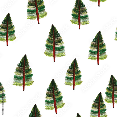 Seamless pattern with trees. Forest pattern with larch trees. Forest fairy background
