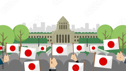 日本の国会議事堂と日の丸・日本国旗 / 愛国心・祝賀　正面イラスト
