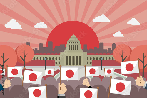 日本の国会議事堂と日の丸・日本国旗　正面イラスト / 日の出・朝焼け・夕方・夕焼け
