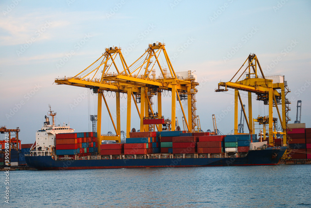 Blue Container ships are entering the commercial port,Logistics and transportation of Container Cargo ship and Cargo logistic import export background and transport industry with clipping path