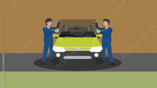 Concept Mirror front off car damage. Mechanic returen and install good glass on the front of the car.