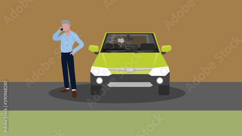 Concept Mirror front off car damage. Driver man call to insurance provider for front widnows damaged by an accident.