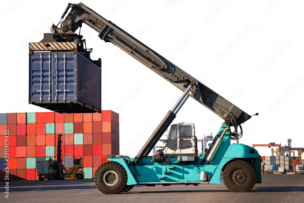 blue reach stacker transport cargo container parking with clipping path ...