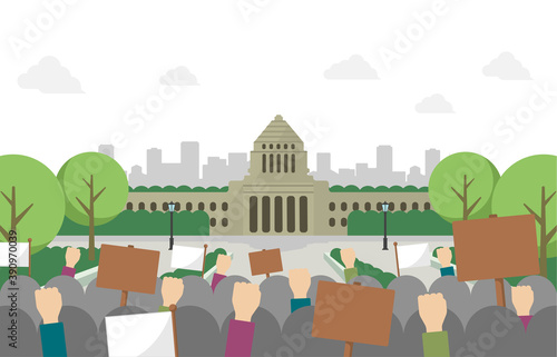 日本の国会議事堂と抗議デモ　ベクターイラスト(文字なし）