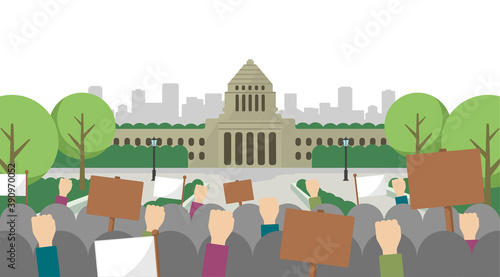 日本の国会議事堂と抗議デモ　ベクターイラスト(文字なし）