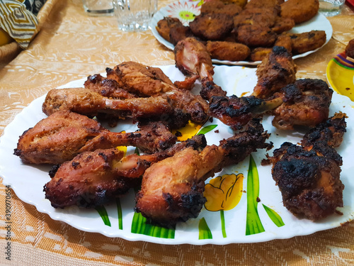 High angle shot of fried chicken drumsticks photo