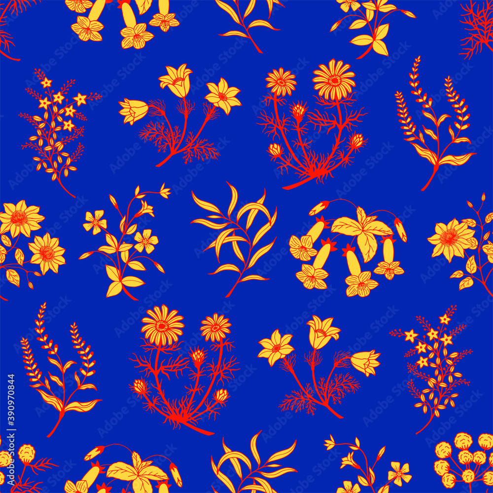 botanical seamless pattern of plants and flowers for fabric, paper. Vector stock illustration eps10.
