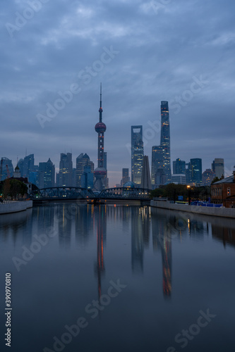 Sunrise view of Lujiazui, the financial district in Shanghai, China, on a cloudy day.