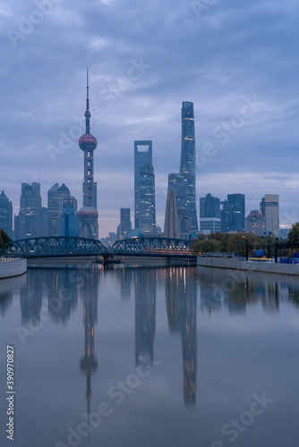 Sunrise view of Lujiazui  the financial district in Shanghai  China  on a cloudy day.