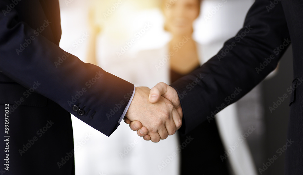 Unknown businesspeople are shaking their hands after signing a contract, while standing together in a sunny modern office, close-up. Business communication, handshake, and marketing concept