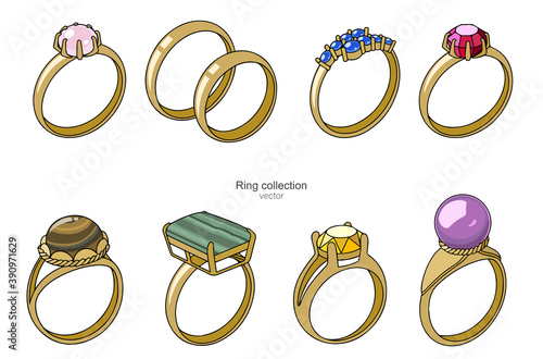 Collection of gold rings with precious stones. Vector.