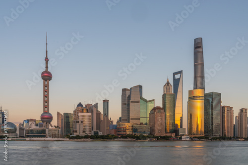 Sunset view of Lujiazui, the financial district in Shanghai, China.