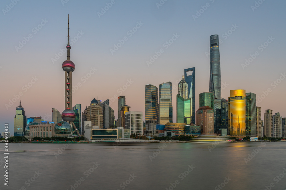 Sunset view of Lujiazui, the financial district in Shanghai, China.