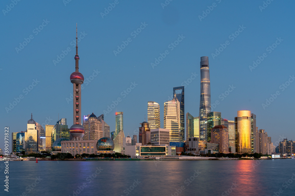 Sunset view of Lujiazui, the financial district in Shanghai, China.