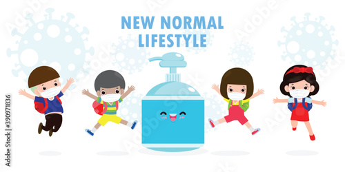 Back to school for new normal lifestyle concept. happy students Cute kids wearing face mask and alcohol gel or Hand wash gel and social distancing protect coronavirus or covid-19 Healthy background