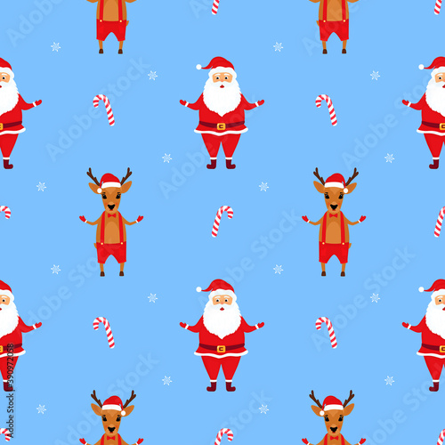 Santa Claus and the Deer. Christmas and New Year's seamless pattern