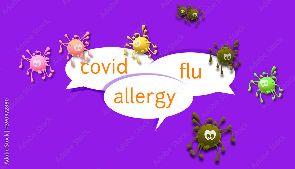 3D Illustration. COVID -19, flu and allergy in dialog balloons. Three speech bubbles with color. Choice, doubt, decision and / or option. Coronavirus and influenza. Virus graphic. 3D Illustration. COVID -19, flu and allergy in dialog balloons. Three speech bubbles with color. Choice, doubt, decision and / or option. Coronavirus and influenza. Virus graphic.
