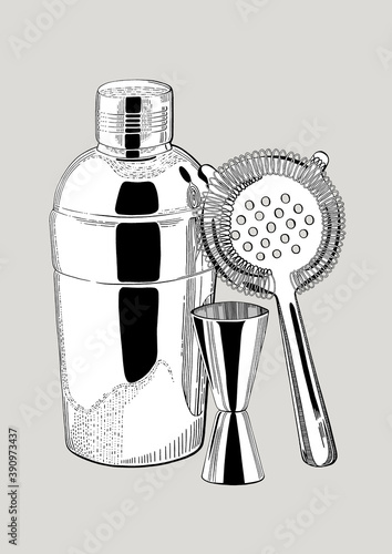 Stainless steel bar kit set. Cocktail shaker, Hawthorne strainer, and jigger. Bartending equipment in vintage engraved style. isolated on white