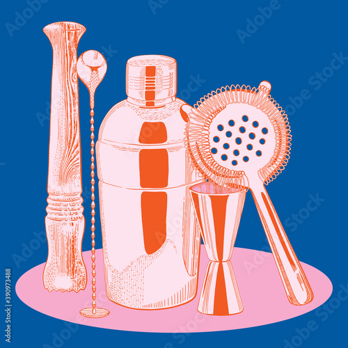 Stainless steel bar kit set. Cocktail shaker, Hawthorne strainer, stirrer, wooden muddler, and jigger. Bartending equipment in vintage engraved style. isolated on white