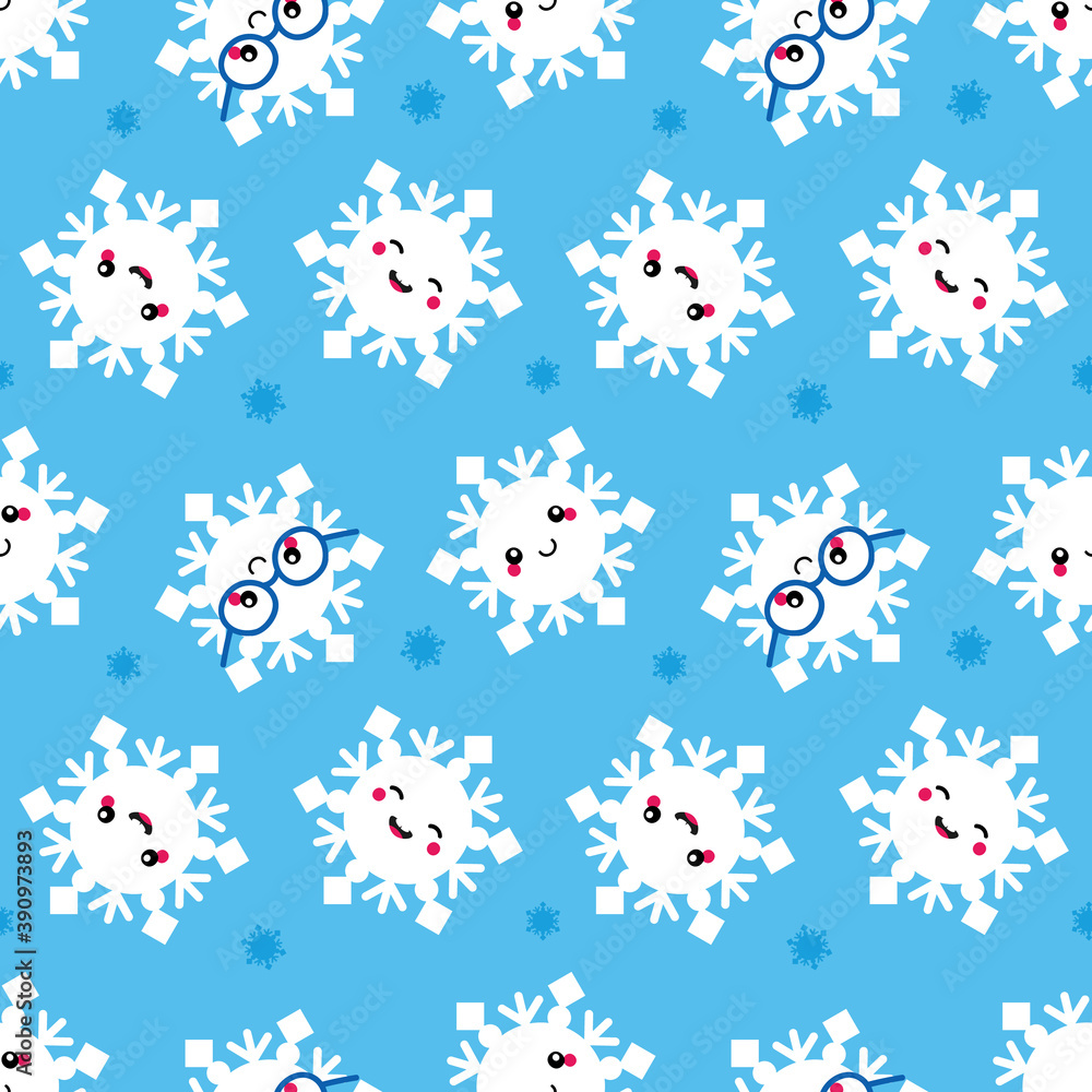 Cute snowflakes cartoon characters vector seamless pattern background for christmas and winter design.