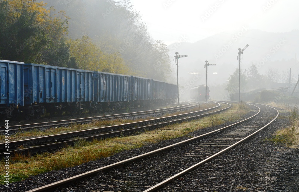 the train enters the station on a foggy morning the train enters the station on a foggy morning