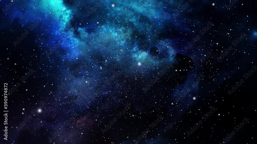 Blue nebula clouds and tiny planets are moving closer and closer in the dark universe Blue nebula clouds and tiny planets are moving closer and closer in the dark universe