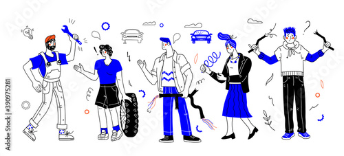 People in car repair shop asking for help. Auto mechanic greeting clients in repair services, cartoon vector illustration in doodle style. Design for car workshops advertising.