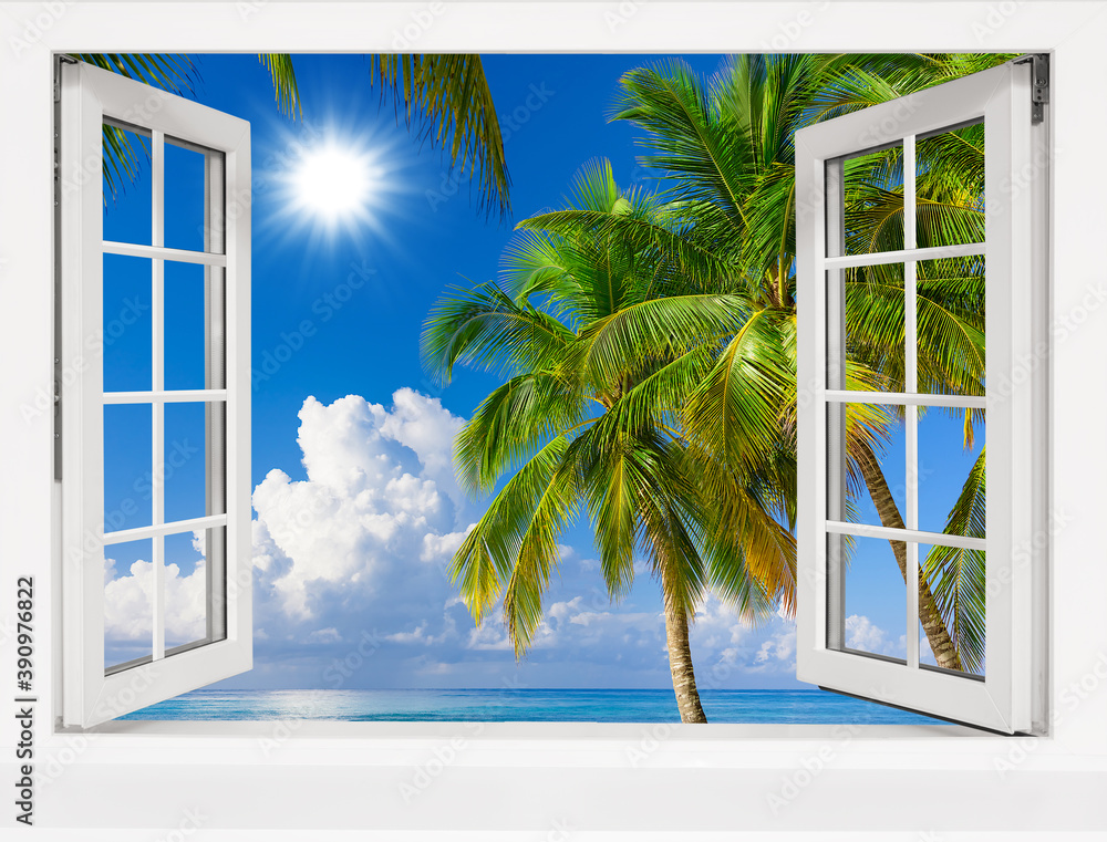 Fototapeta view from an open window to a tropical landscape.