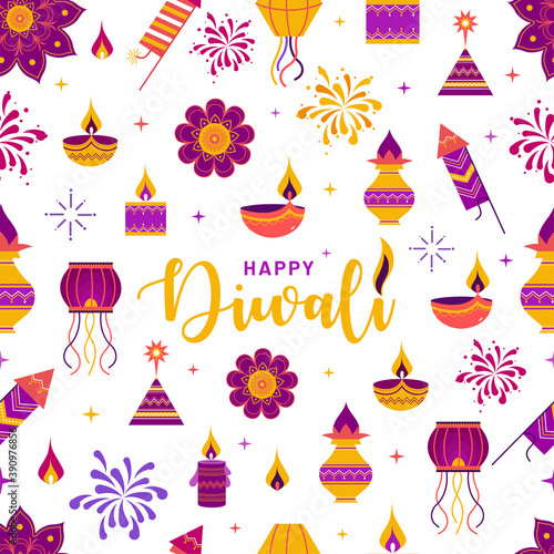 Happy diwali seamless pattern or doodle art icons on white background.
