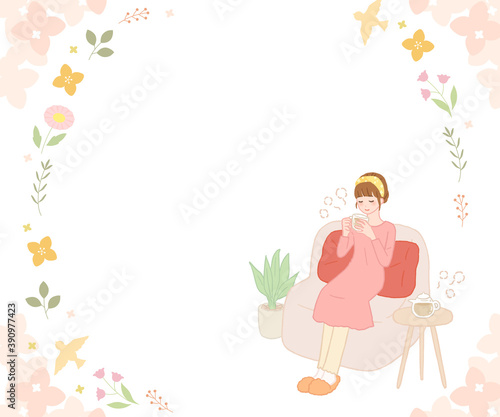 温かい飲み物を飲む女性と花のフレーム