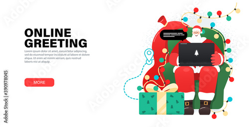 Happy Santa Claus working with laptop in cozy, armchair, takes orders, greeting online, checks mail or Answering on children's requests via laptop. Landing page with gifts, garlands around Santa.
