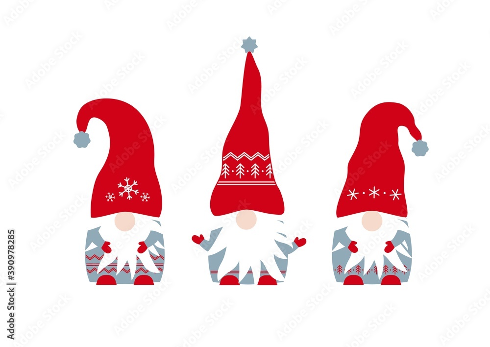 Vector illustration of cute three Christmas gnomes on white background. Collection of funny Xmas gnomes with beard and hat for card, greeting, house and garden. Set of Christmas scandinavian gnomes. Vector illustration of cute three Christmas gnomes on white background. Collection of funny Xmas gnomes with beard and hat for card, greeting, house and garden. Set of Christmas scandinavian gnomes.