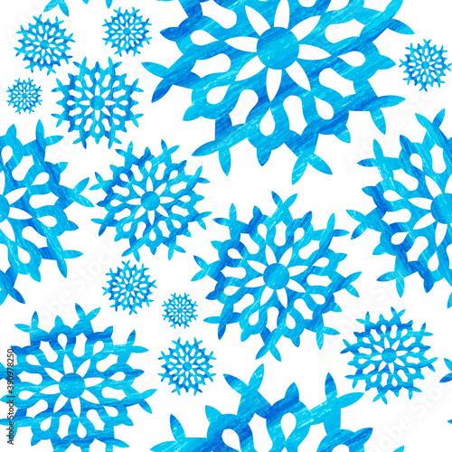 Snowflake watercolor effect seamless pattern. Snow pattern with snowflakes. Festive Christmas and New Year background. Winter vector illustration