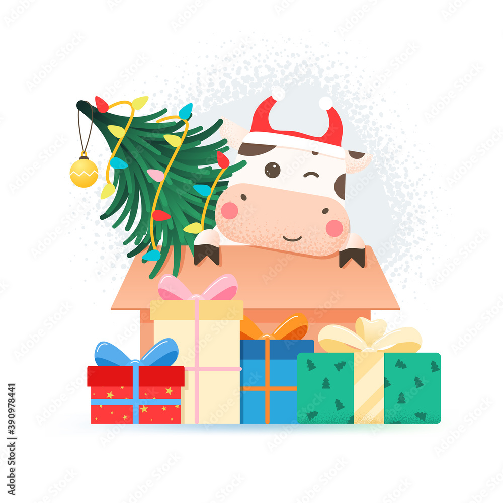 Obraz premium 2021 year of the ox. Happy cute bull in Santa hat sitting in cardboard box with Christmas tree. Greeting card for Merry Christmas and happy new year. Ox with gift boxes, garland and Christmas tree.