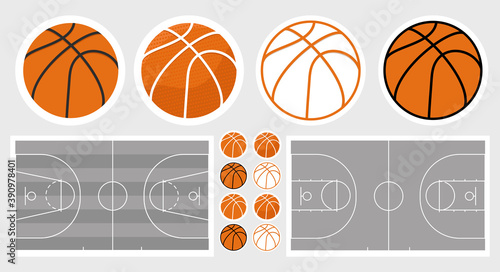 Basketball field and ball set. Basketball stickers set. Isolated objects. Elements for design and web applications. Stock illustration for print design, sports typography. © Lapalovee