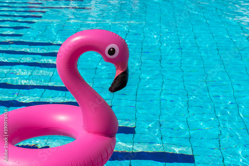 Summer fun isolated. Pink inflatable flamingo in pool water for summer beach background. Funny bird toy for kids. © Maksym