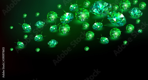 Black background with many scattered green gems emeralds. Vector illustration.