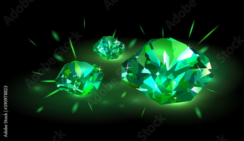 Three beautiful bright green diamonds emeralds on a black background. Vector illustration.