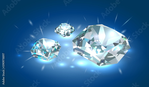 Three beautiful bright white diamonds on a blue background. Vector illustration.