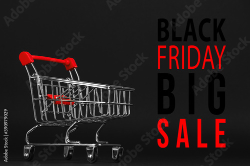 Shopping cart on a black background, a blank for the design, concept, advertisement banner, promotion inscription.