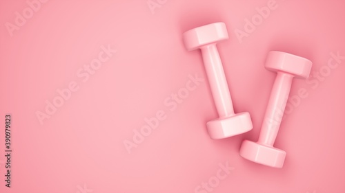 3D Rendering Pink Dumbbells for sports isolated on pink background © julien