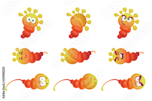 Bacterial funny pathogen, microbiological germs with faces isolated set. Vector smiling monsters cartoon characters with big eyes laughing, angry and sleeping. Microbe bacteria microorganism
