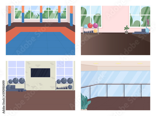Gym room flat color vector illustration set. Ballet dance hall. Martial arts, powerlifting center. Studio for physical training 2D cartoon interior with sports equipment on background collection