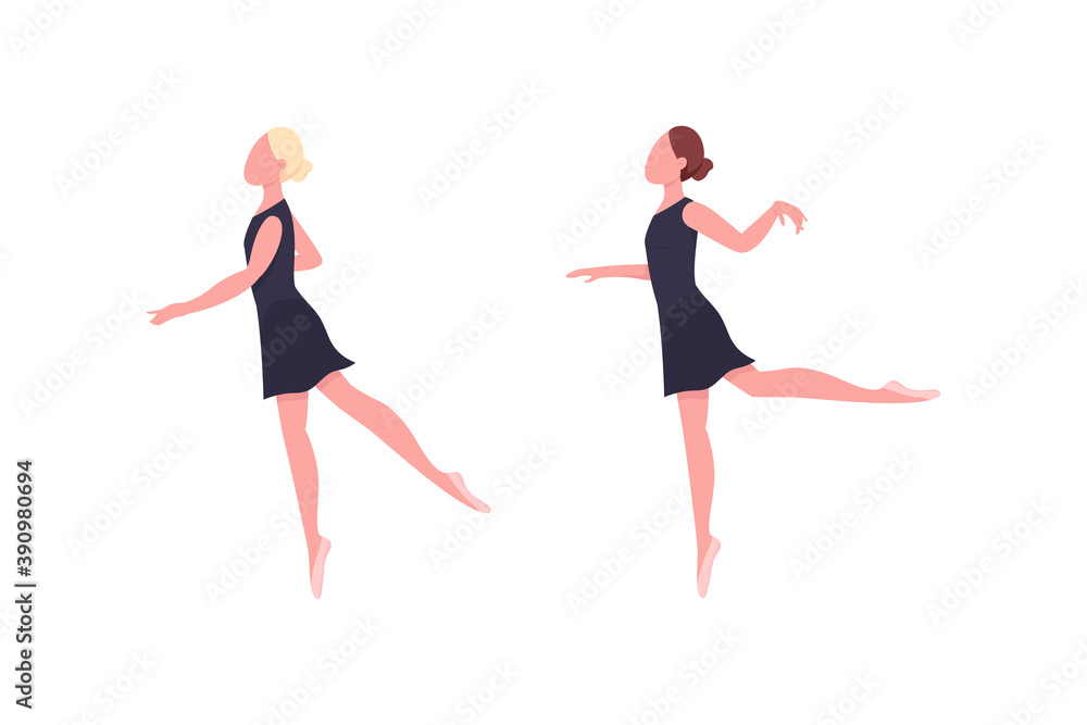 Practicing ballerina flat color vector faceless character set. Dancer rehearse. Gymnastics class. Classic ballet dance isolated cartoon illustration for web graphic design and animation collection
