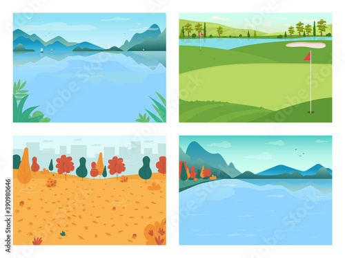 Seasonal landscape flat color vector illustration set. Lake for watersport. Golf field. City park with skyline. Urban and rural 2D cartoon landscape with daytime sky on background collection