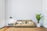 Hall mockup copy space with brown sofa against white wall