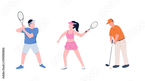 Tennis players couple flat color vector faceless character set. Sportsman and sportswoman with rackets. Sport isolated cartoon illustration for web graphic design and animation collection