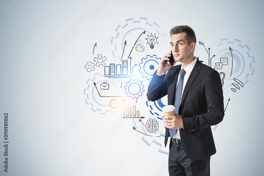 Businessman with coffee on phone, gears sketch Businessman with coffee on phone, gears sketch